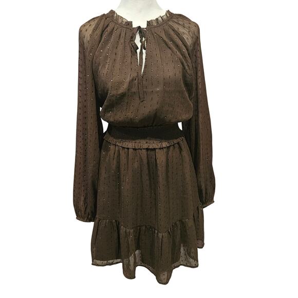Old navy sheer smocked ruffle sparkle dress brown fall womens xl long sleeve - Picture 1 of 8